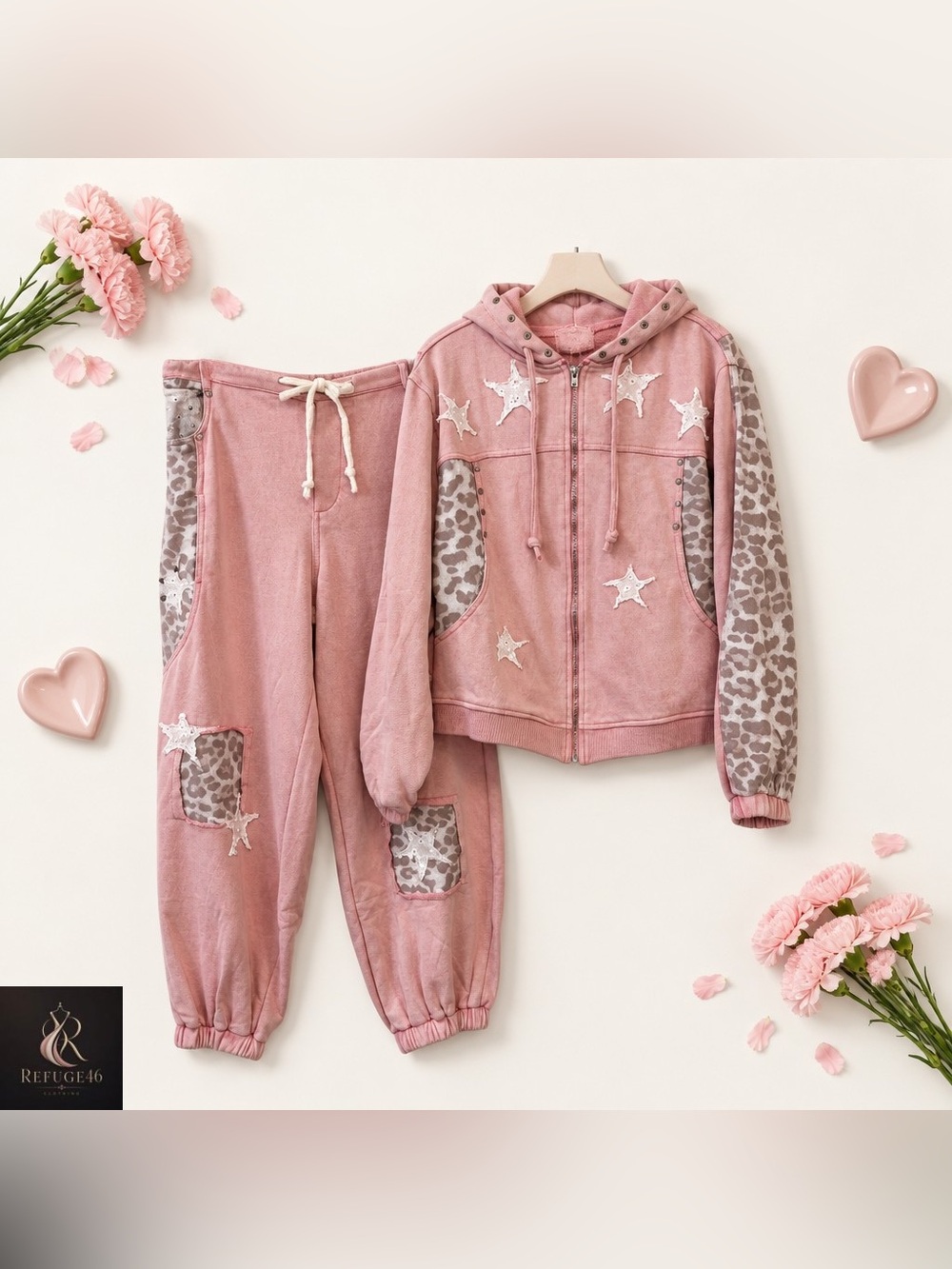POL NWT Star & Leopard Accent Pink Set Zip Hoodie & Drawstring Waist Joggers SET
